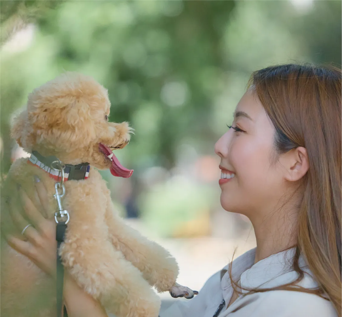 女性が愛犬を抱っこする様子